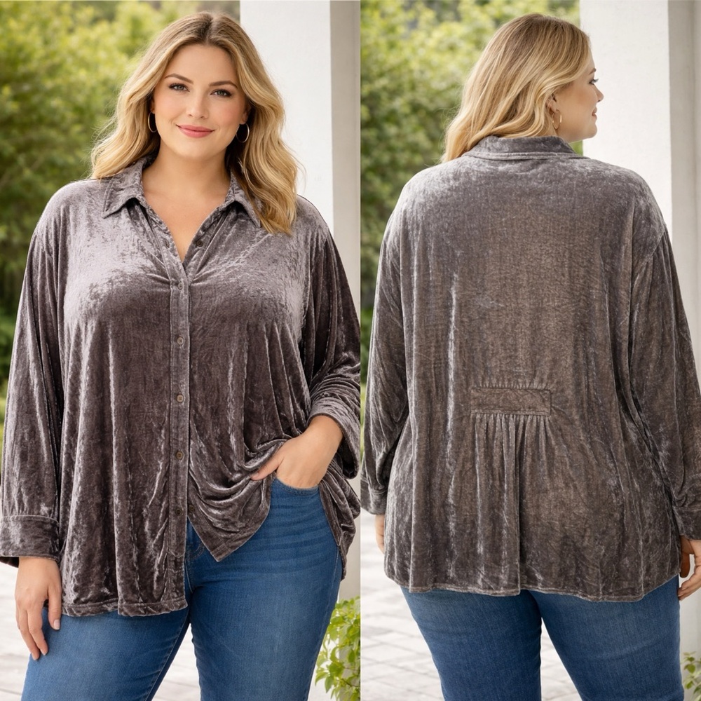 J.Jill Grey Crushed Velvet L/S Collared Button Up Lace Detailed Tunic Blouse 2X